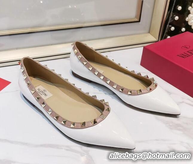 Top Quality Valentino Rockstud Flat Ballerina in Patent Calfskin 041419 White