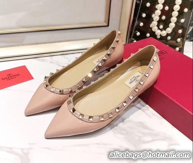 Most Popular Valentino Rockstud Flat Ballerina in Patent Calfskin 041419 Pink