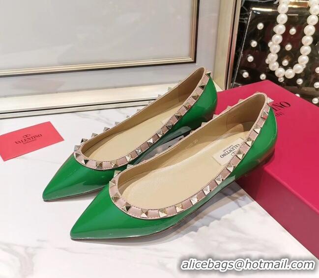 New Style Valentino Rockstud Flat Ballerina in Patent Calfskin 041419 Green