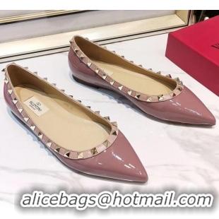 New Style Valentino Rockstud Flat Ballerina in Patent Calfskin 041419 Pink