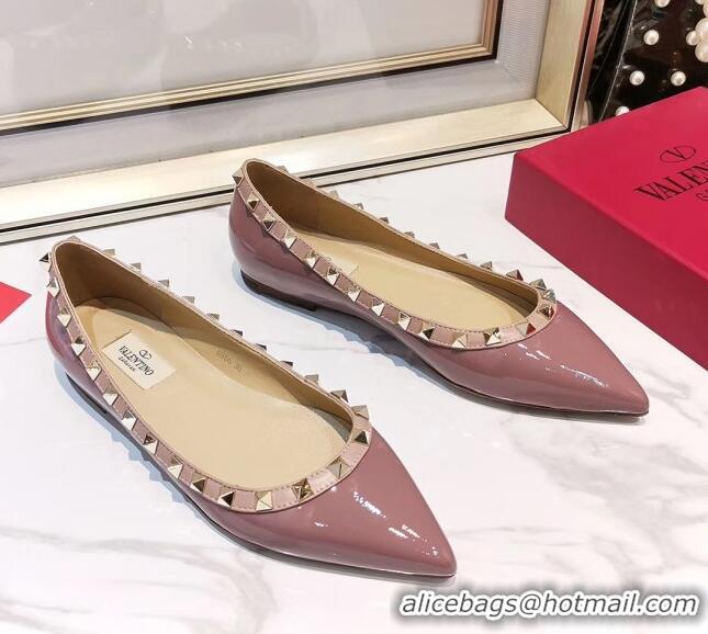 New Style Valentino Rockstud Flat Ballerina in Patent Calfskin 041419 Pink