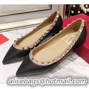 Best Quality Valentino Rockstud Flat Ballerina in Smooth Leather 041432 Black