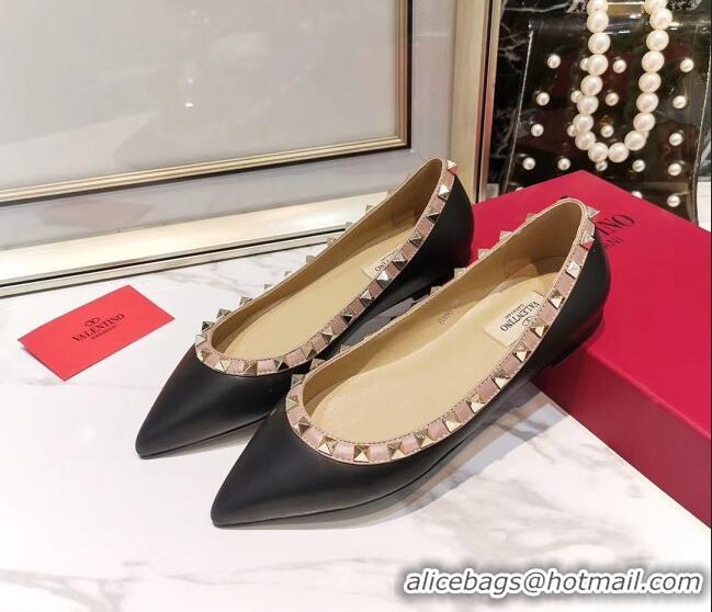 Best Quality Valentino Rockstud Flat Ballerina in Smooth Leather 041432 Black