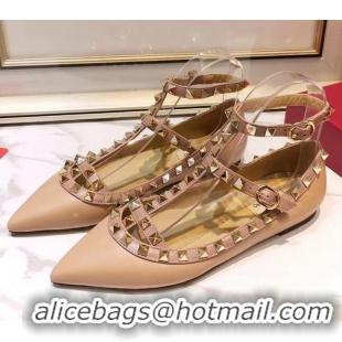 Good Looking Valentino Smooth Leather Rockstud Ballerina With Strap 041501 Nude