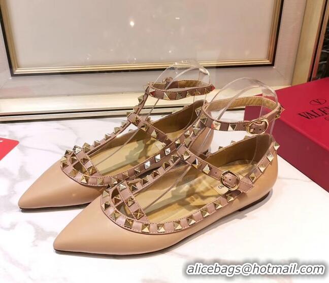 Good Looking Valentino Smooth Leather Rockstud Ballerina With Strap 041501 Nude