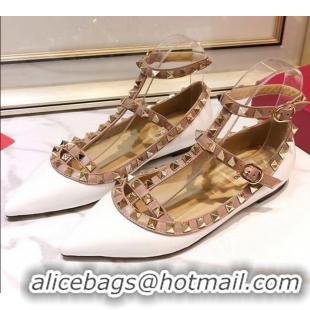 Popular Style Valentino Smooth Leather Rockstud Ballerina With Strap 041501 White