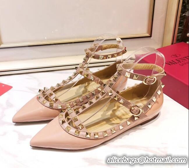 Newest Valentino Patent Calfskin Rockstud Ballerina With Strap 041504 Pink