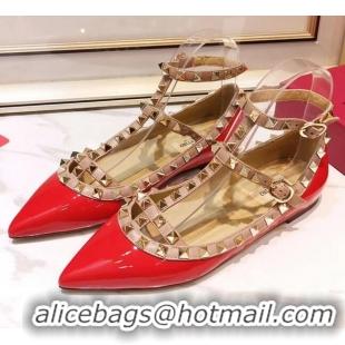 Top Quality Valentino Patent Calfskin Rockstud Ballerina With Strap 041504 Red