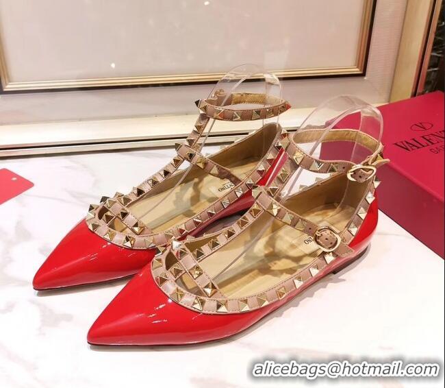 Top Quality Valentino Patent Calfskin Rockstud Ballerina With Strap 041504 Red