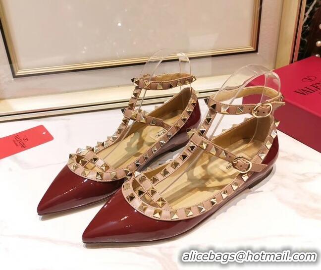 Perfect Valentino Patent Calfskin Rockstud Ballerina With Strap 041504 Burgundy