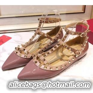 Charming Valentino Patent Calfskin Rockstud Ballerina With Strap 041504 Pink