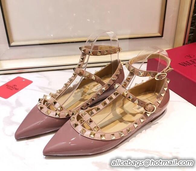 Charming Valentino Patent Calfskin Rockstud Ballerina With Strap 041504 Pink