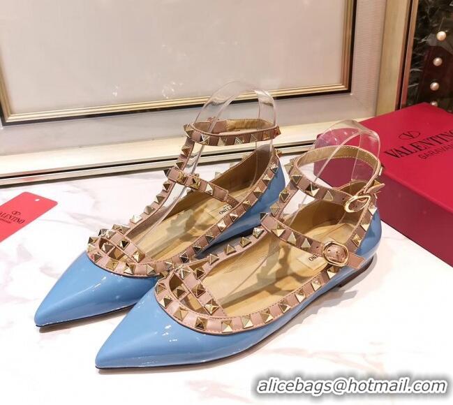 Best Price Valentino Patent Calfskin Rockstud Ballerina With Strap 041504 Blue