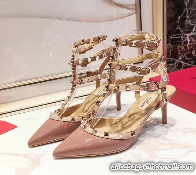 Good Quality Valentino Patent Calfskin Rockstud Ankle Strap With 6.5cm Heel 041517 Pink