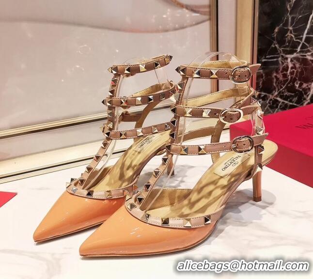 Most Popular Valentino Patent Calfskin Rockstud Ankle Strap With 6.5cm Heel 041517 Orange