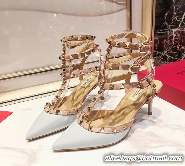 Good Quality Valentino Patent Calfskin Rockstud Ankle Strap With 6.5cm Heel 041517 Baby Blue