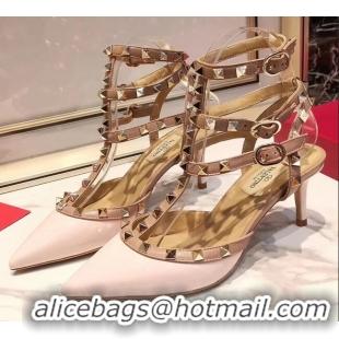 Crafted Valentino Patent Calfskin Rockstud Ankle Strap With 6.5cm Heel 041517 Light Pink