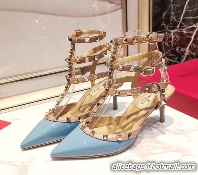 Discount Valentino Patent Calfskin Rockstud Ankle Strap With 6.5cm Heel 041517 Blue