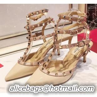 Cute Style Valentino Patent Calfskin Rockstud Ankle Strap With 6.5cm Heel 041517 Nude