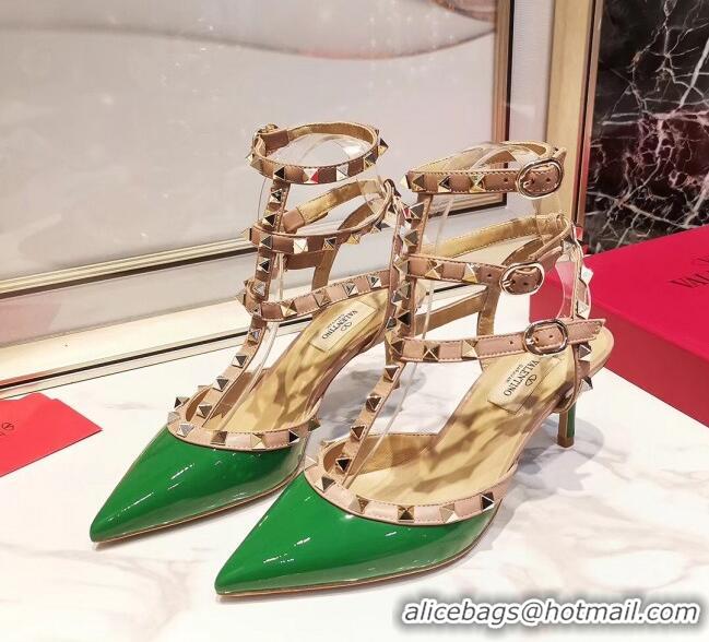 Best Luxury Valentino Patent Calfskin Rockstud Ankle Strap With 6.5cm Heel 041517 Green