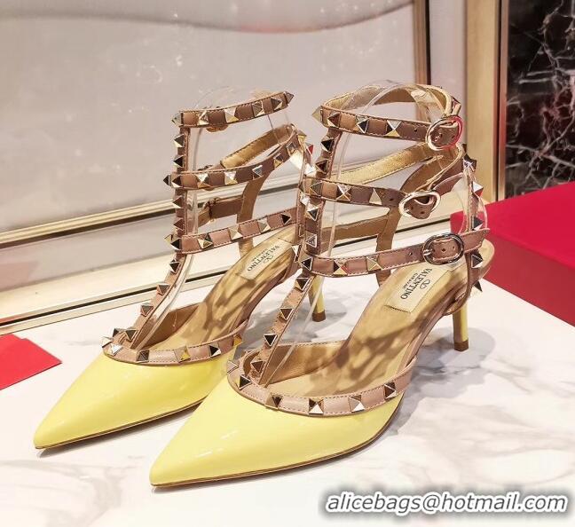 Good Quality Valentino Patent Calfskin Rockstud Ankle Strap With 6.5cm Heel 041517 Yellow