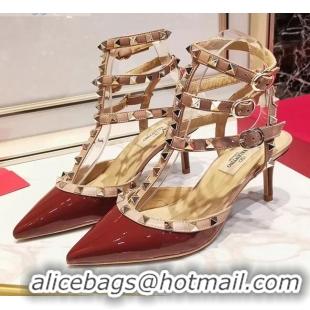 Good Product Valentino Patent Calfskin Rockstud Ankle Strap With 6.5cm Heel 041517 Burgundy