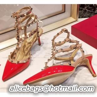 Low Price Valentino Patent Calfskin Rockstud Ankle Strap With 6.5cm Heel 041517 Red