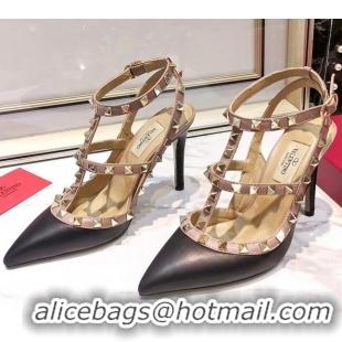 Discount Valentino Smooth Leather Rockstud Ankle Strap With 9.5cm Heel 041532 Black