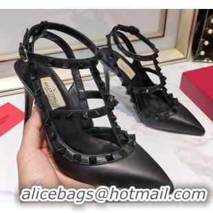 Best Price Valentino Smooth Leather Rockstud Ankle Strap With 9.5cm Heel 041532 All Black