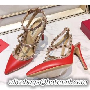 Top Quality Valentino Smooth Leather Rockstud Ankle Strap With 9.5cm Heel 041532 Red