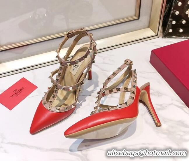 Top Quality Valentino Smooth Leather Rockstud Ankle Strap With 9.5cm Heel 041532 Red