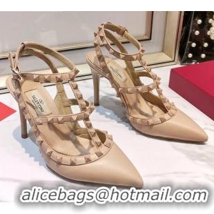 Fashion Valentino Smooth Leather Rockstud Ankle Strap With 9.5cm Heel 041532 All Nude