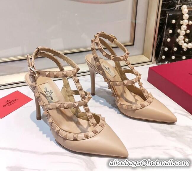 Fashion Valentino Smooth Leather Rockstud Ankle Strap With 9.5cm Heel 041532 All Nude