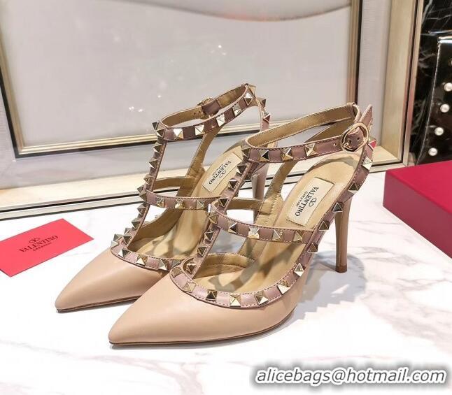 Best Grade Valentino Smooth Leather Rockstud Ankle Strap With 9.5cm Heel 041532 Nude