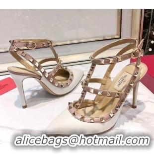 Grade Quality Valentino Smooth Leather Rockstud Ankle Strap With 9.5cm Heel 041532 White