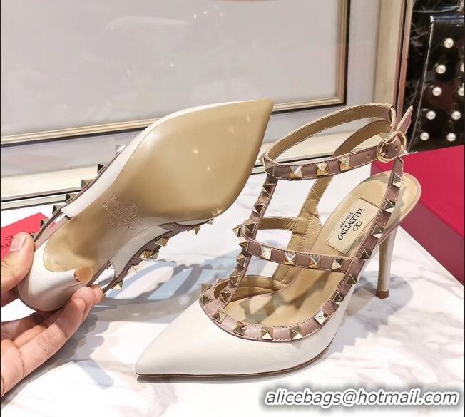 Grade Quality Valentino Smooth Leather Rockstud Ankle Strap With 9.5cm Heel 041532 White