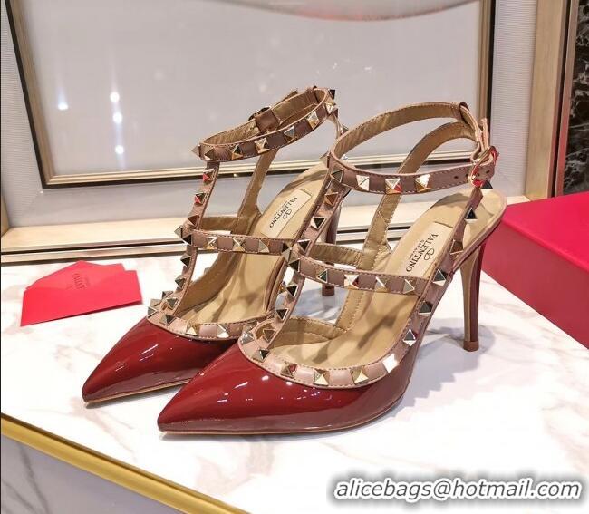 Top Grade Valentino Patent Calfskin Rockstud Ankle Strap With 9.5cm Heel 041540 Burgundy