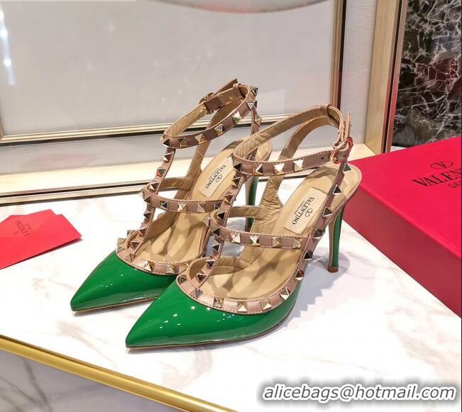 Most Popular Valentino Patent Calfskin Rockstud Ankle Strap With 9.5cm Heel 041540 Green