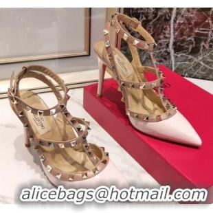 Top Quality Valentino Patent Calfskin Rockstud Ankle Strap With 9.5cm Heel 041540 Light Pink