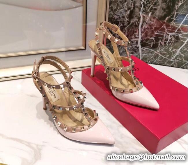 Top Quality Valentino Patent Calfskin Rockstud Ankle Strap With 9.5cm Heel 041540 Light Pink