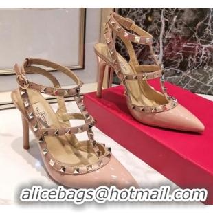 Cute Valentino Patent Calfskin Rockstud Ankle Strap With 9.5cm Heel 041540 Pink