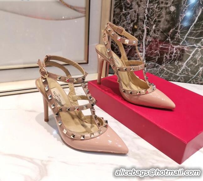 Cute Valentino Patent Calfskin Rockstud Ankle Strap With 9.5cm Heel 041540 Pink