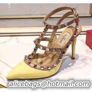 New Style Valentino Patent Calfskin Rockstud Ankle Strap With 9.5cm Heel 041540 Yellow