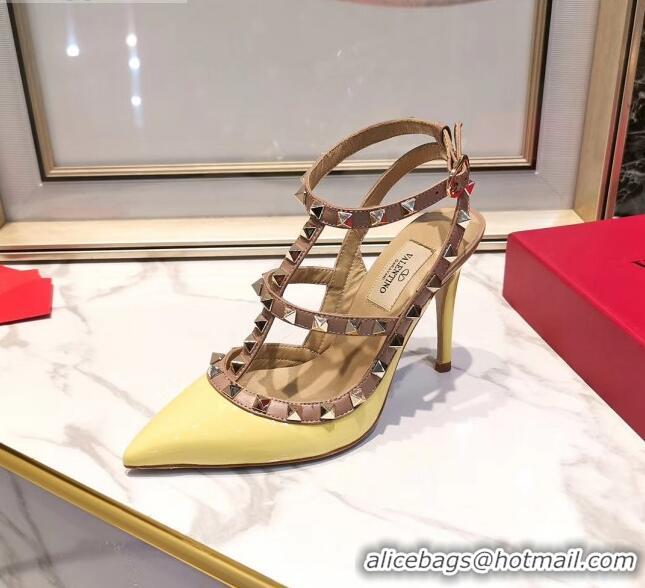 New Style Valentino Patent Calfskin Rockstud Ankle Strap With 9.5cm Heel 041540 Yellow