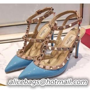 New Design Valentino Patent Calfskin Rockstud Ankle Strap With 9.5cm Heel 041540 Blue