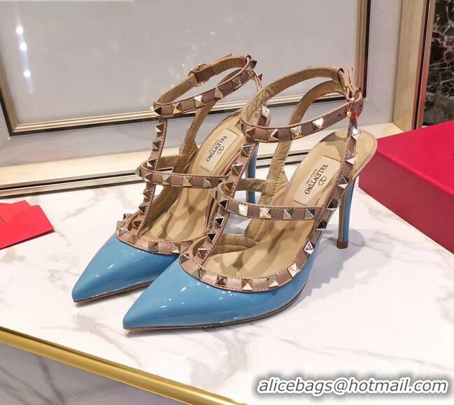 New Design Valentino Patent Calfskin Rockstud Ankle Strap With 9.5cm Heel 041540 Blue