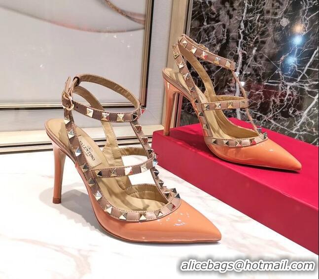 Perfect Valentino Patent Calfskin Rockstud Ankle Strap With 9.5cm Heel 041540 Orange