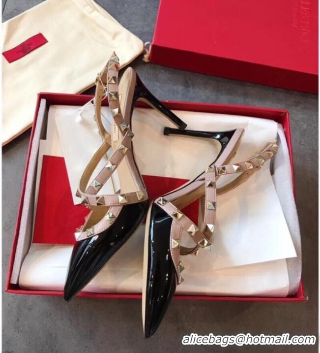 Grade Design Valentino Rockstud Patent Leather Cross Strap Slingback Pumps 90MM Powder 062401 Black