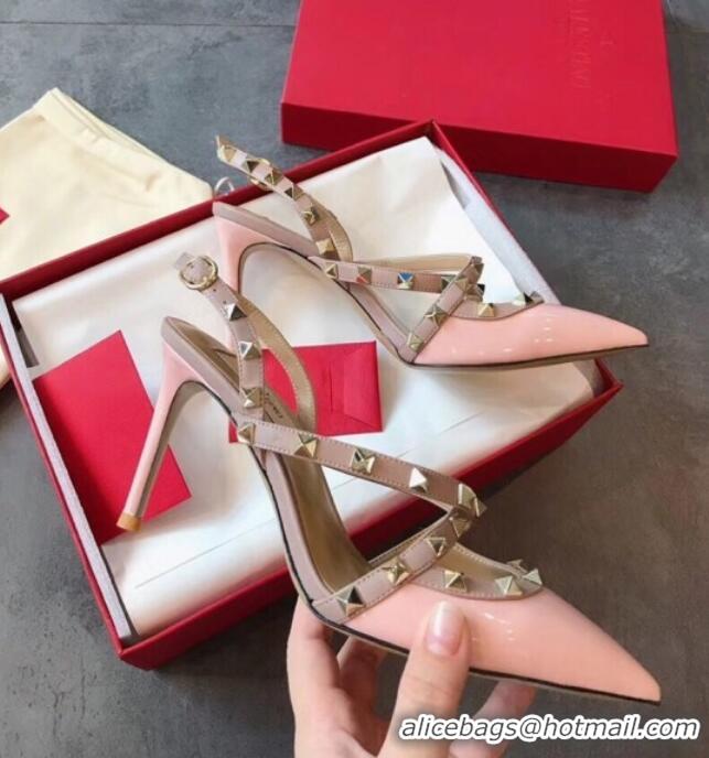 Best Price Valentino Rockstud Patent Leather Cross Strap Slingback Pumps 90MM Powder 062401 Light Pink