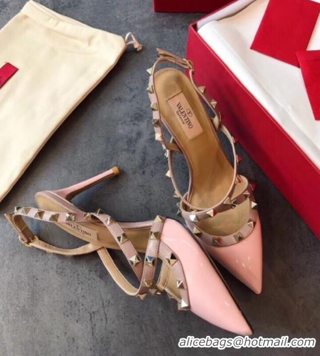 Best Price Valentino Rockstud Patent Leather Cross Strap Slingback Pumps 90MM Powder 062401 Light Pink